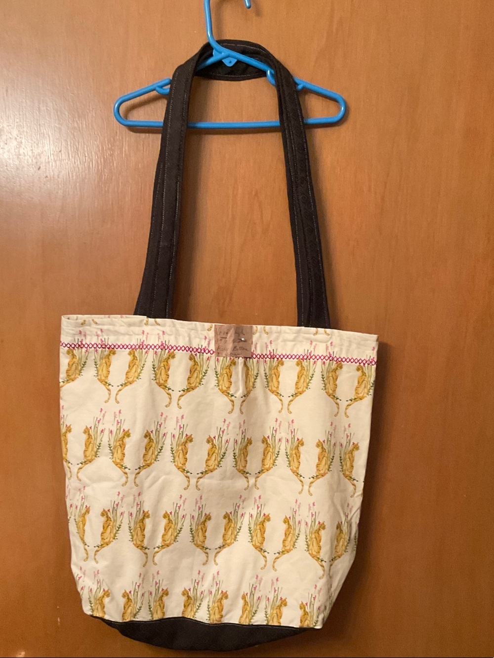 Cream Floral-Print Canvas Tote with Dark Brown Straps